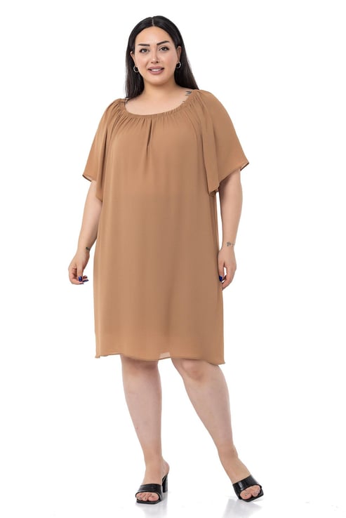 Büyük Beden Yakası Lastikli Geniş Kollu Astarlı Camel Elbise