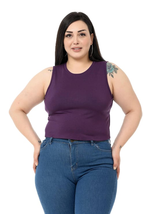 Büyük Beden Bisiklet Yaka Kolsuz Crop Viskon Mürdüm Body