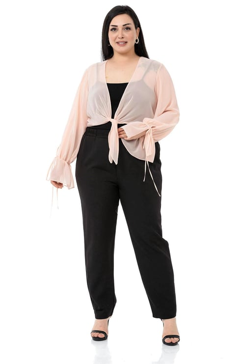 Plus Size Sleeve Detailed Tie-Front Chiffon Light Pink Bolero
