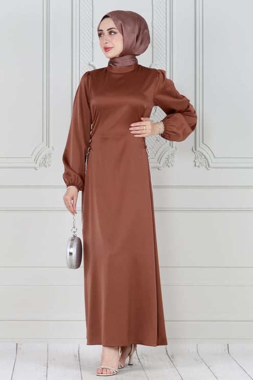 Satin evening dress - with straps studded with  stones-brown