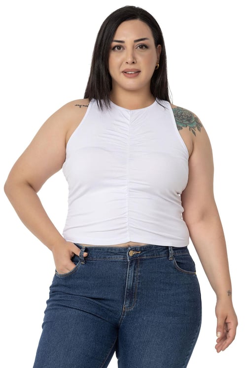 Büyük Beden Önü ve Yanları Drapeli Halter Yaka Beyaz Body