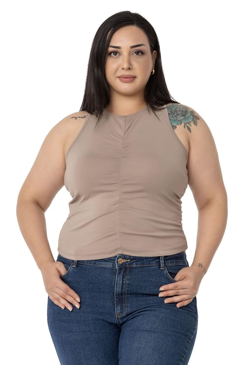 Büyük Beden Önü ve Yanları Drapeli Halter Yaka Vizon Body