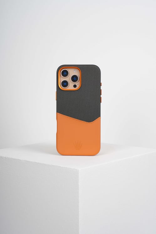 Nova Iphone 16 Pro Deri Kartlıklı Telefon Kılıfı Turuncu-Siyah 