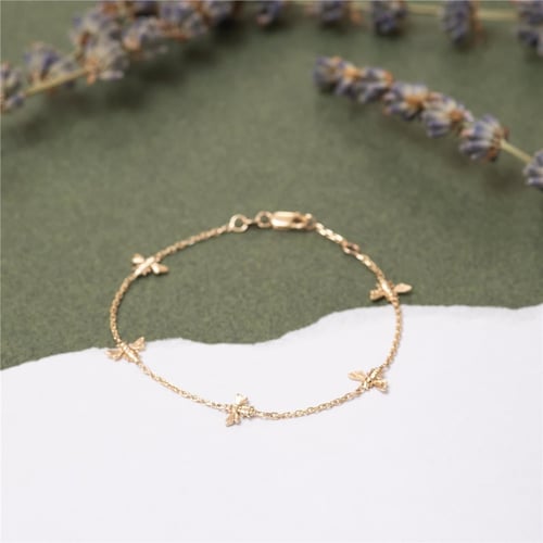 Goldstore-14K 18K Gold Bee Bracelet, Dainty Bumblebee Real Gold Bracelet, Honey Bee Rose Gold Bracelet Gift for Mom Gift for Her, Girlfriend Gift