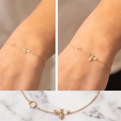 Goldstore-14K 18K Gold Bee Bracelet With Single Honeycomb, Dainty Bumblebee Bracelet with Hexagon, Gold Honey Bee Bracelet Gift for Mom Gift for Her