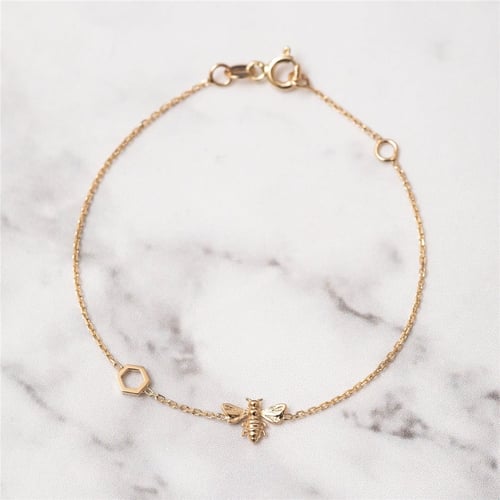 Goldstore-14K 18K Gold Bee Bracelet With Single Honeycomb, Dainty Bumblebee Bracelet with Hexagon, Gold Honey Bee Bracelet Gift for Mom Gift for Her