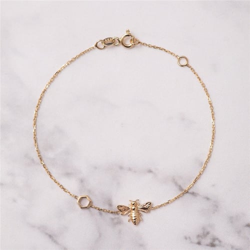 Goldstore-14K 18K Gold Bee Bracelet With Single Honeycomb, Dainty Bumblebee Bracelet with Hexagon, Gold Honey Bee Bracelet Gift for Mom Gift for Her