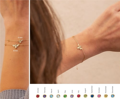 Goldstore-14K 18K Gold Custom Birthstone Bee Honeycomb Bracelet, Dainty Bumblebee Bracelet with Hexagon, Personalized Bee Bracelet, Gift For Her