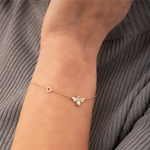 Goldstore-14K 18K Gold Custom Birthstone Bee Honeycomb Bracelet, Dainty Bumblebee Bracelet with Hexagon, Personalized Bee Bracelet, Gift For Her