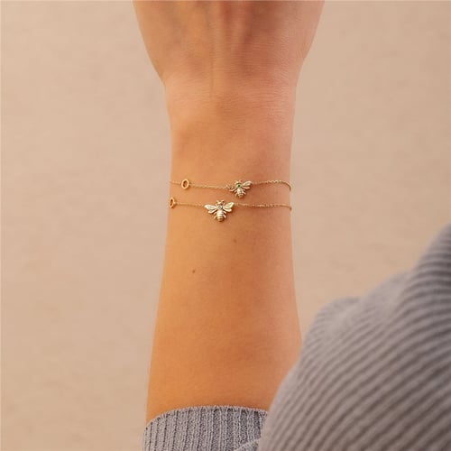 Goldstore-14K 18K Gold Custom Birthstone Bee Honeycomb Bracelet, Dainty Bumblebee Bracelet with Hexagon, Personalized Bee Bracelet, Gift For Her