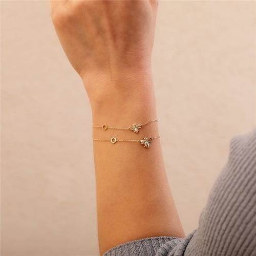 Goldstore-14K 18K Gold Custom Birthstone Bee Honeycomb Bracelet, Dainty Bumblebee Bracelet with Hexagon, Personalized Bee Bracelet, Gift For Her