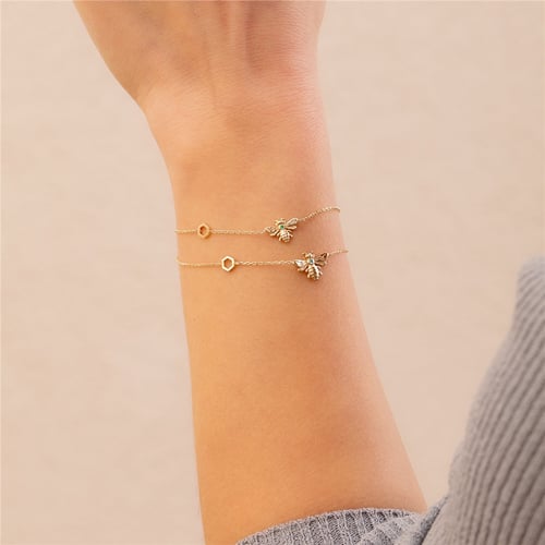 Goldstore-14K 18K Gold Custom Birthstone Bee Honeycomb Bracelet, Dainty Bumblebee Bracelet with Hexagon, Personalized Bee Bracelet, Gift For Her