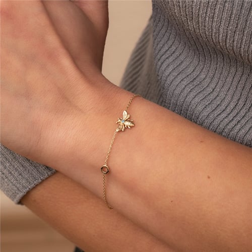 Goldstore-14K 18K Gold Custom Birthstone Bee Honeycomb Bracelet, Dainty Bumblebee Bracelet with Hexagon, Personalized Bee Bracelet, Gift For Her