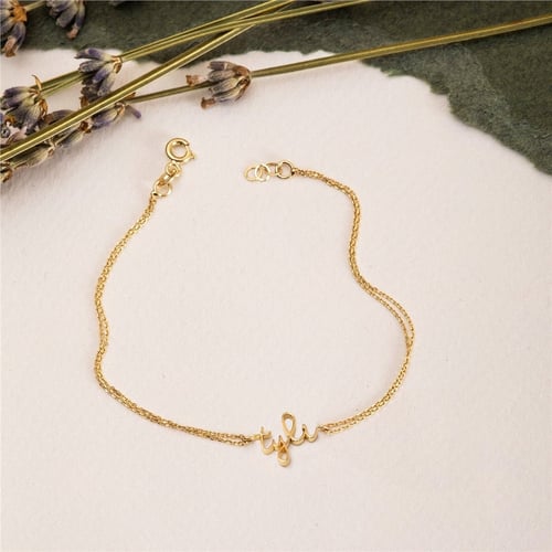 Goldstore-14k 18k Real Solid Gold Script Custom Name Bracelet, Double Row Chain Dainty Gold Bracelet, Personalized Jewelry, Perfect Gift For Her