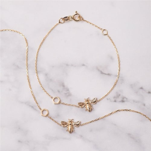 Goldstore-14K 18K Solid Gold Bee Bracelet With Honeycomb, Dainty Bumblebee Bracelet with Hexagon, Honey Bee Comb Bracelet, Cute Gift for Valentine
