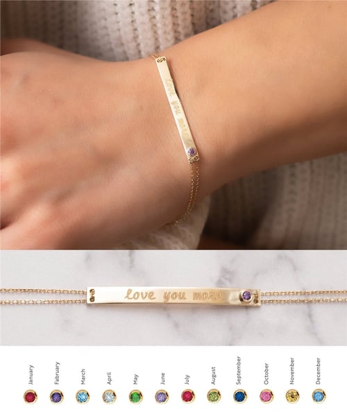Goldstore-14k 18k Solid Gold Custom Name Engrave Bar Bracelet, Elegant Personalized Custom Birthstone Bracelet is Great Gift For Her. Valentine's Gift