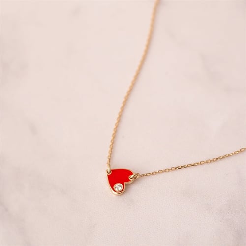 Goldstore-14k 18k Solid Gold Diamond Enamel Heart Anklet, Red Enamel Diamond Heart Anklet, 0.02ct Genuine Diamond Enamel Gold Heart Mini Anklet