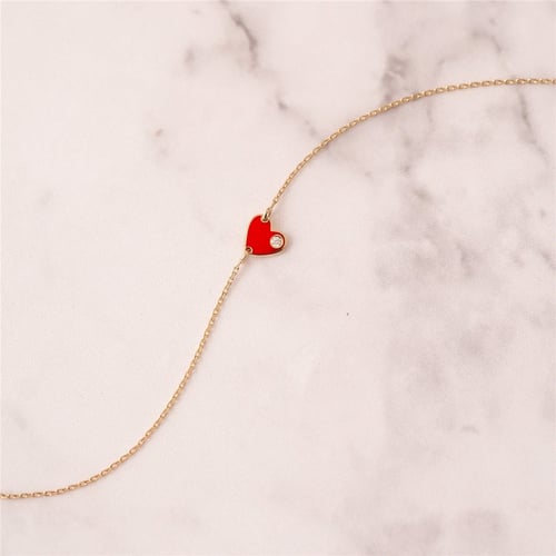 Goldstore-14k 18k Solid Gold Diamond Enamel Heart Anklet, Red Enamel Diamond Heart Anklet, 0.02ct Genuine Diamond Enamel Gold Heart Mini Anklet