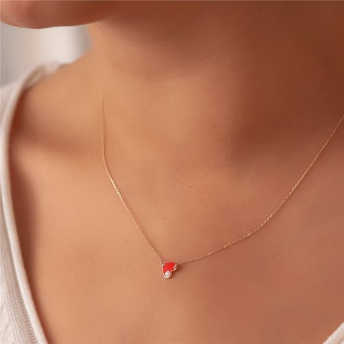 Goldstore-14k 18k Solid Gold Diamond Enamel Heart Anklet, Red Enamel Diamond Heart Anklet, 0.02ct Genuine Diamond Enamel Gold Heart Mini Anklet