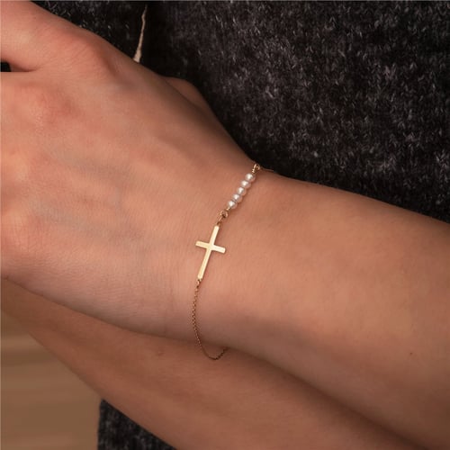 Goldstore-14K 18K Solid Gold Gemstone Sideways Cross Bracelet, Tiny Coral - Pearl - Lapis Lazuli Bracelet, Christening Jewelery, Dainty Baptism Gift