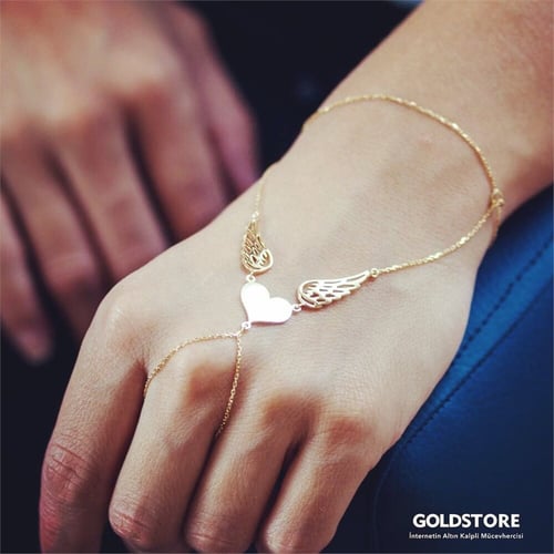 Goldstore-14K Gold Heart and Angel Wings Chain Ring Bracelet, Dainty Angel Wings Slave Bracelet is a Great Gift For Her. Sahmeran Bracelet