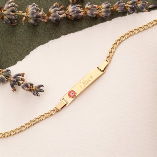Goldstore-14K Real Gold Baby ID Bracelet, Personalize Baby Girl Boy Enamel Evil Eye Bracelet, Custom Baby Name Engrave Yellow Gold Medical Id Bracelet