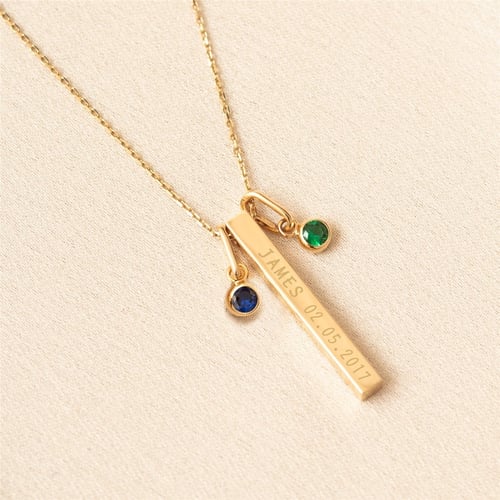 Goldstore-14K Solid Gold 4 Sides Bar Necklace, Personalized Cz Birthstone Gold Bar Necklace, Custom Coordinate Vertical Bar Necklace, Gift for Mom.