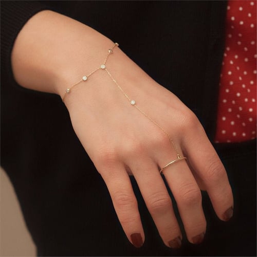 Goldstore-14K Solid Gold and Cubic Zirconia Station Ring Bracelet, Sahmeran Gold Chain Slave Bracelet, Hand Ring Gold Handlet Bracelet gift for Her