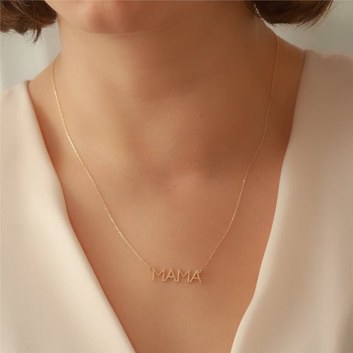 Goldstore-14K Solid Gold Diamond Mother Necklace, Cz Zircon Mama Necklace, Dainty Delicate Plain Gold Mama Necklace Great Mother's day Gift for Mom