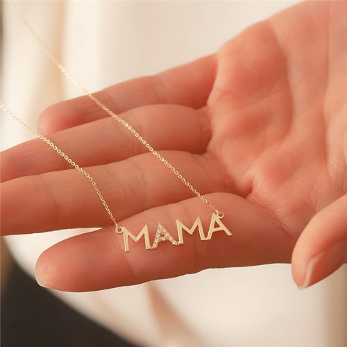Goldstore-14K Solid Gold Diamond Mother Necklace, Cz Zircon Mama Necklace, Dainty Delicate Plain Gold Mama Necklace Great Mother's day Gift for Mom