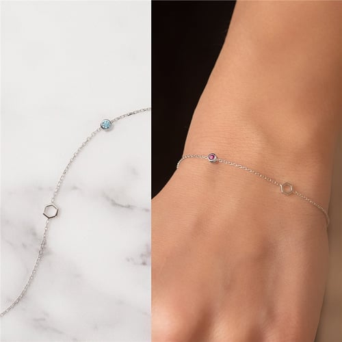 Goldstore-14k Solid Gold Hexagon and Birthstone Bracelet, Single Honeycomb and Cz Birthstone Dainty Bracelet is a Great Gift For Her. Bridesmaid Gift