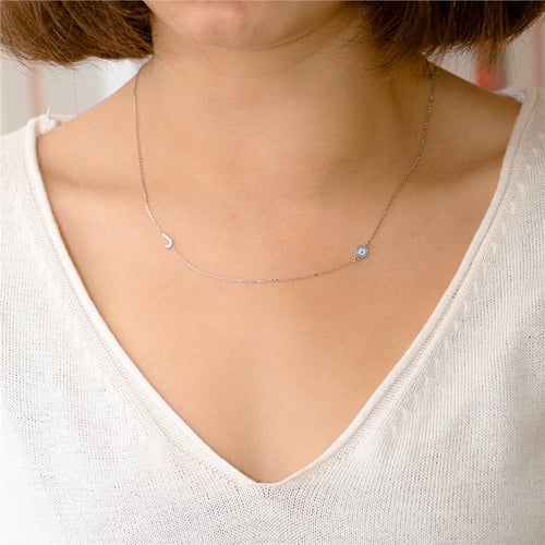 Goldstore-14k Solid Gold Initial Necklace, Sideways Custom Letter Evil Eye Gold Necklace, Personalized Initial Sideways Necklace is Great Gift for Her