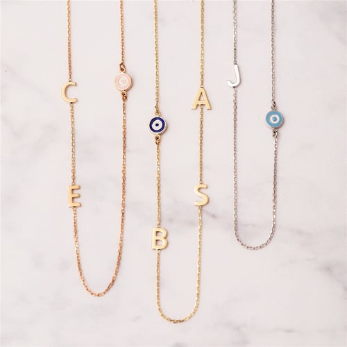 Goldstore-14k Solid Gold Initial Necklace, Sideways Custom Letter Evil Eye Gold Necklace, Personalized Initial Sideways Necklace is Great Gift for Her