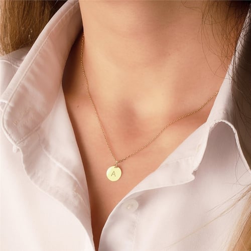 Goldstore-14K Solid Gold Minimal Initial Disk Necklace, Personalized Dainty lowercase or uppercase letter Pendant, Mothers Letter Disc Charm Necklace.