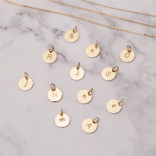 Goldstore-14K Solid Gold Minimal Initial Disk Necklace, Personalized Dainty lowercase or uppercase letter Pendant, Mothers Letter Disc Charm Necklace.