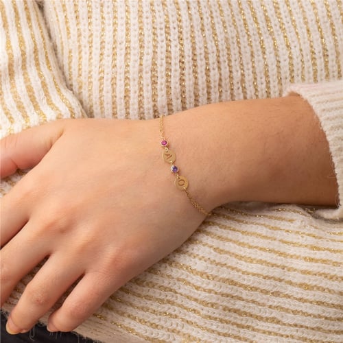 Goldstore-14K Solid Gold Personalized Birthstone & Initial Disc Bracelet, Custom Letter Disk, Family Birthstone Multi Disc Kids Initial Tag Bracelet