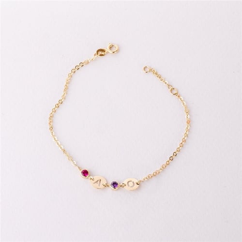 Goldstore-14K Solid Gold Personalized Birthstone & Initial Disc Bracelet, Custom Letter Disk, Family Birthstone Multi Disc Kids Initial Tag Bracelet