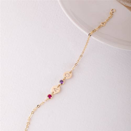 Goldstore-14K Solid Gold Personalized Birthstone & Initial Disc Bracelet, Custom Letter Disk, Family Birthstone Multi Disc Kids Initial Tag Bracelet