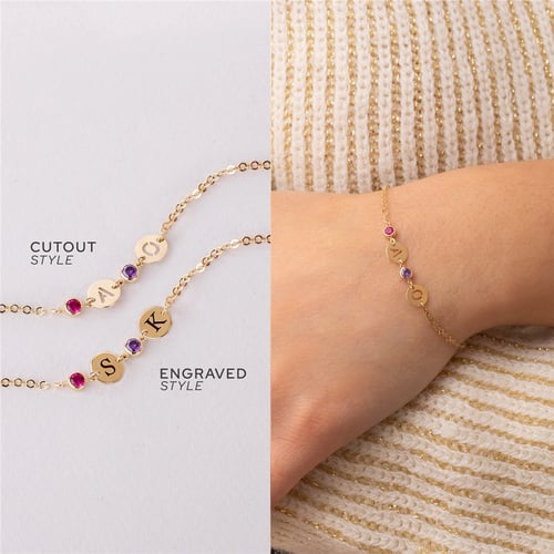 Goldstore-14K Solid Gold Personalized Birthstone & Initial Disc Bracelet, Custom Letter Disk, Family Birthstone Multi Disc Kids Initial Tag Bracelet