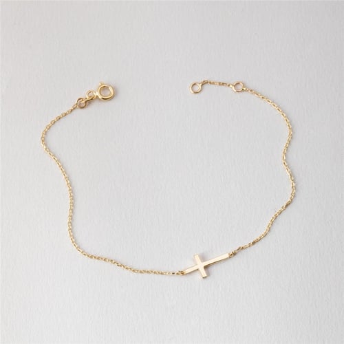 Goldstore-14K Solid Gold Sideways Cross Bracelet, 18K Solid Gold Stylish Tiny Cross Bracelet, Yellow Rose or White Gold Dainty Cross Faith Bracelet