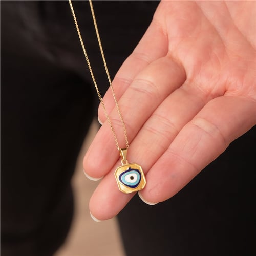 Goldstore-14k Solid Gold Square Evil Eye Necklace, Dainty Square Shape Evil Eye Pendant, Spiritual Protection Jewelry, Handmade Minimalist Eye Pendant