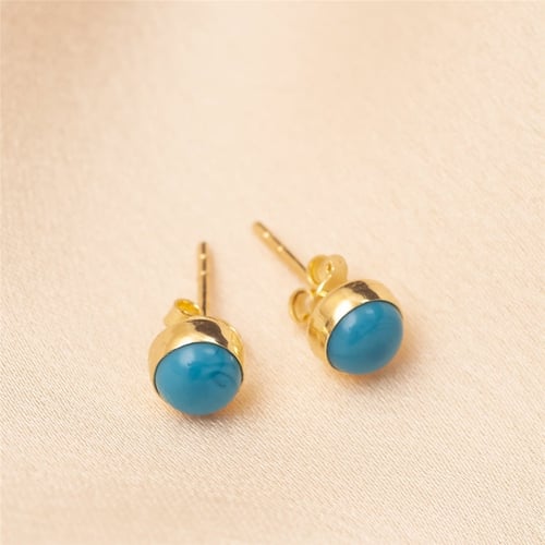 Goldstore-14K Solid Gold Tiny Turquoise Stud Earrings, Delicate 5mm or 6mm Sleeping Beauty Turquoise Studs Everyday Earrings Child Earrings