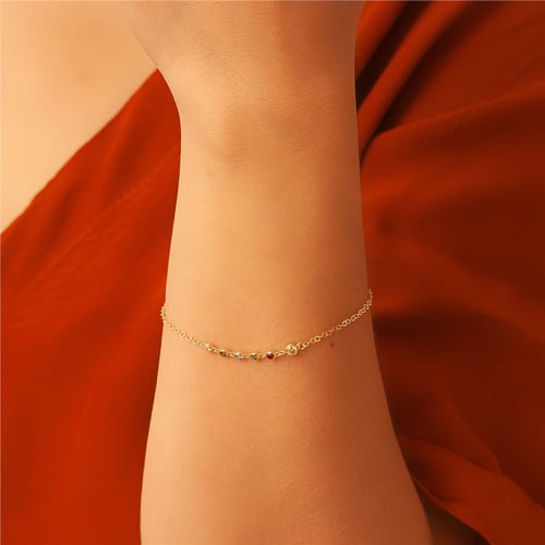 Goldstore-14K Solid Gold Trio Birthstone Bracelet, Real Solid Gold Lady's Dainty Bracelet, Minimalist Bracelet, Custom Birthstone Gold Chain Bracelet