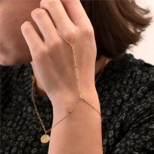 Goldstore-14K Solid Gold Wheat Chain Ring Bracelet, Elegant Everyday Slave Bracelet, Hand Chain Lariat Finger Bracelet, Handlet Jewelry for Her