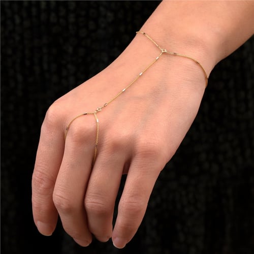 Goldstore-14K Solid Gold Wheat Chain Ring Bracelet, Elegant Everyday Slave Bracelet, Hand Chain Lariat Finger Bracelet, Handlet Jewelry for Her