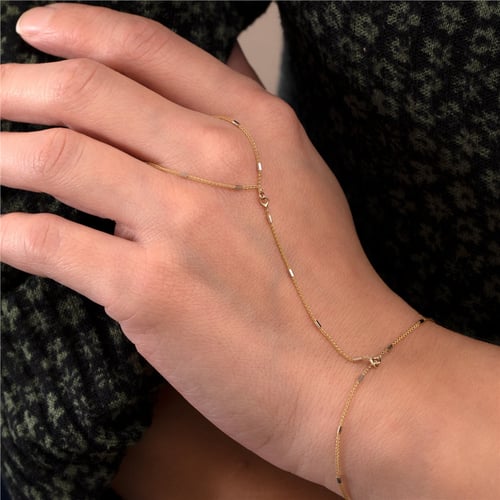 Goldstore-14K Solid Gold Wheat Chain Ring Bracelet, Elegant Everyday Slave Bracelet, Hand Chain Lariat Finger Bracelet, Handlet Jewelry for Her