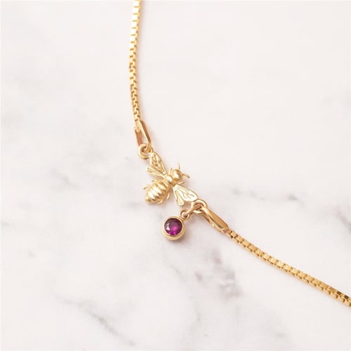 Goldstore-14k Yellow Gold Bee Bracelet With Birthstone Charm, Dainty Bumble Bee Bracelet with Box Chain, Honey Bee Bracelet Gift for Mom Gift for Her
