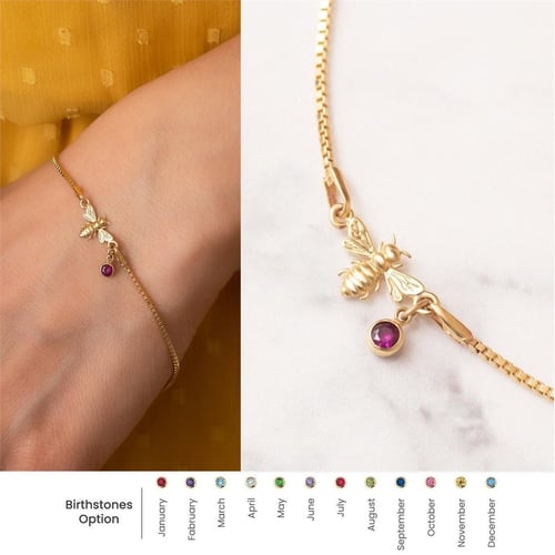 Goldstore-14k Yellow Gold Bee Bracelet With Birthstone Charm, Dainty Bumble Bee Bracelet with Box Chain, Honey Bee Bracelet Gift for Mom Gift for Her