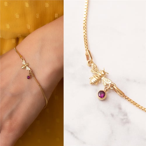 Goldstore-14k Yellow Gold Bee Bracelet With Birthstone Charm, Dainty Bumble Bee Bracelet with Box Chain, Honey Bee Bracelet Gift for Mom Gift for Her