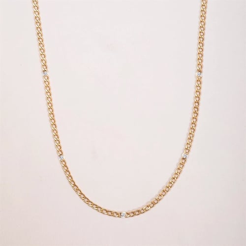 Goldstore-14k Yellow Gold Cuban Link Chain Diamond Necklace, 3mm Cuban Curb Link Gourmet Chain Necklace, 1 - 5 Diamonds Necklace/Bracelet Gift for Her